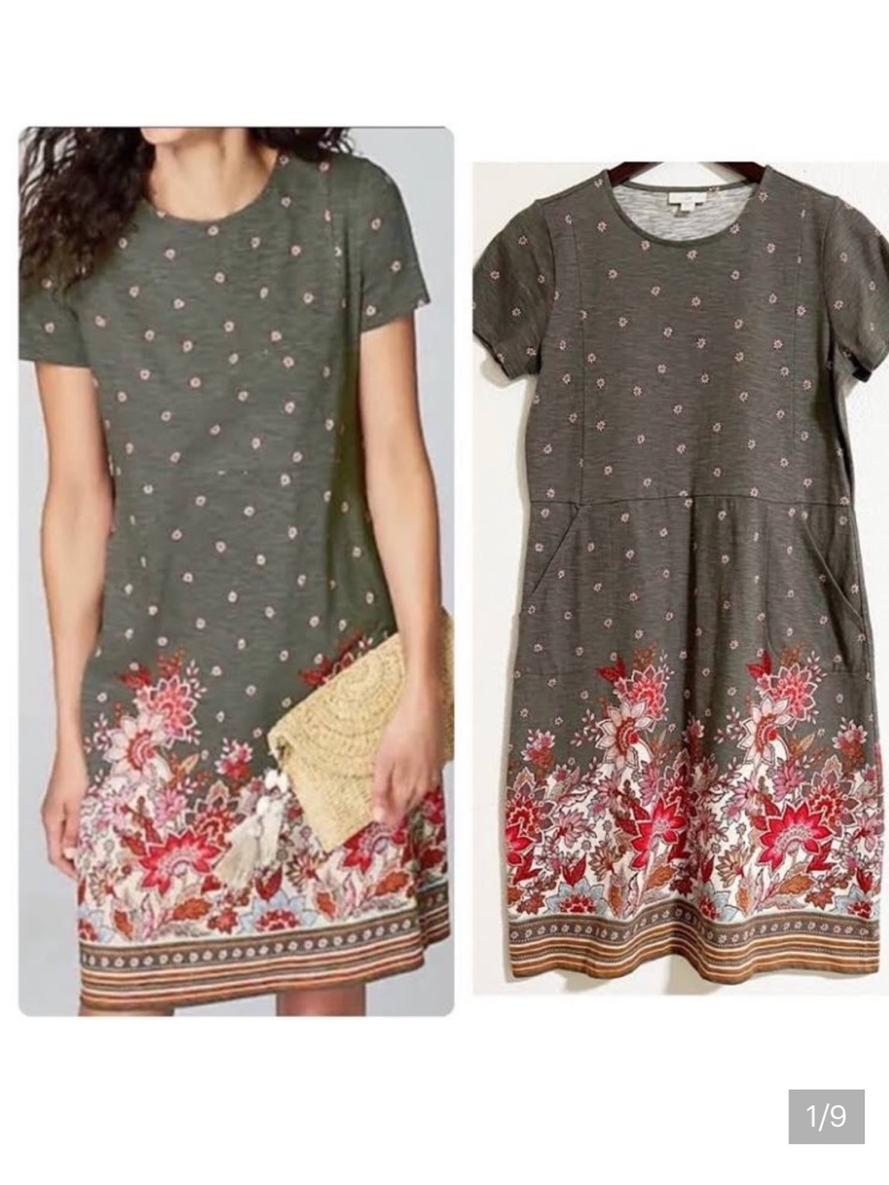 J. Jill Gray Short-Sleeve Floral Border jersey Dress with pockets.